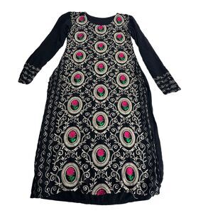 rose embroidered kurta black pink roses handmade